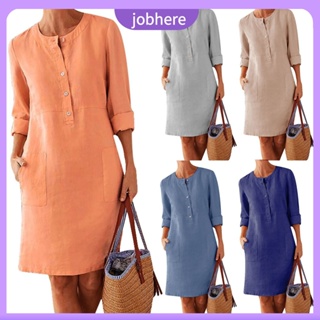 Jobhere Tamanhos Grandes Casual Cor Sólida De Algodão De Linho Feminina Manga Comprida Túnica Vestido Kaftan em Oferta na Shopee