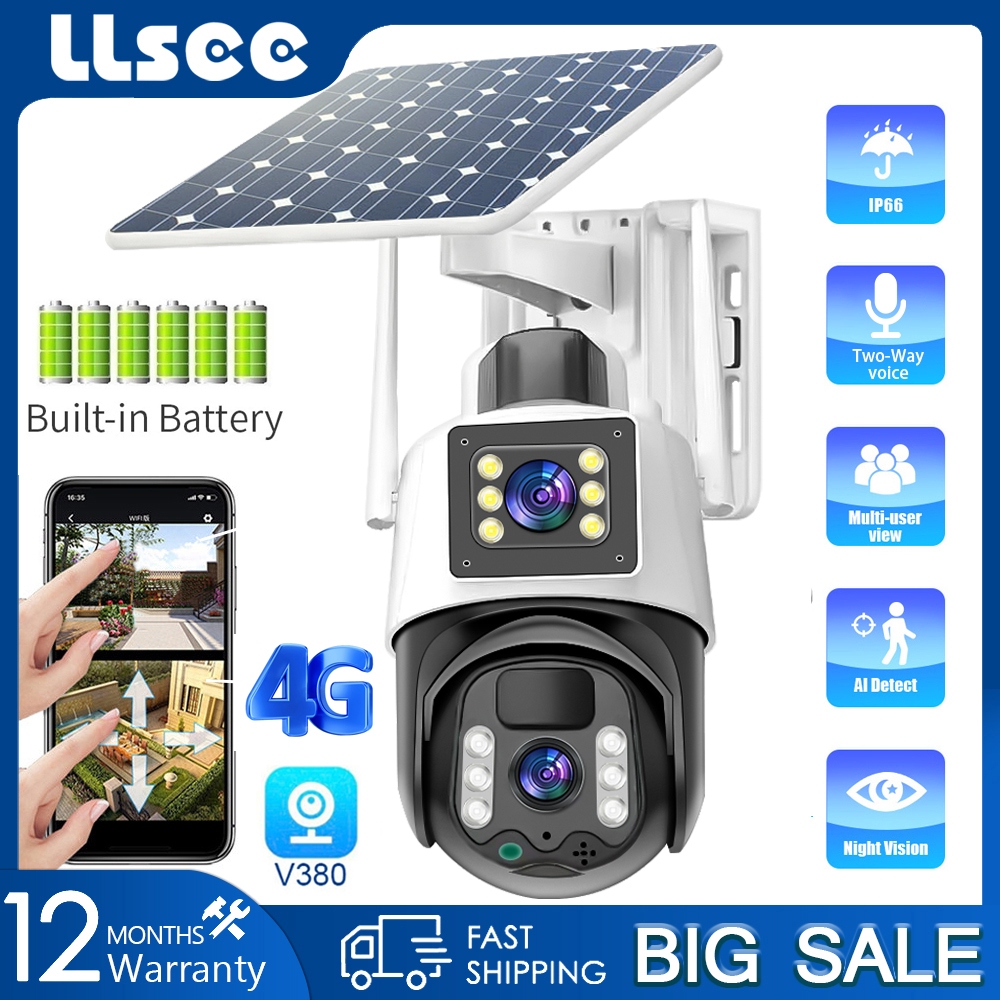 LLSEE 8MP 4K V380 Pro CCTV Célula Solar Sem Fio Para Uso Externo Cartão SIM 4G 365 Dias De Espera De Bateria Extra Longa À Prova D'água Câmera IP 360 Pan Tilt PIR Detecção De Movimento De Segurança