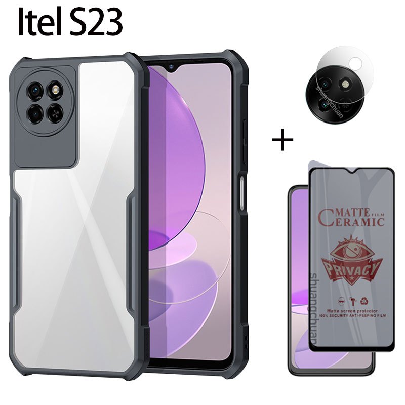 3em1 Para O Telefone Itel S23 Caixa Do Anti-Espionagem Privacidade Cerâmica Película Macia + Da Lente Câmera + Coque Acrílico Transparente À Prova De Choque Serviço Pesado