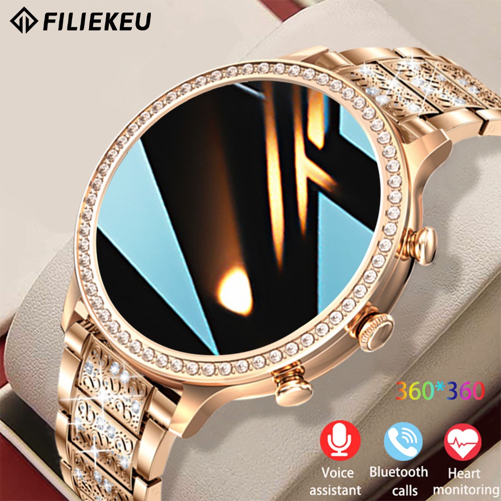 FILIEKEU Moda relógio smartwatch feminino redondo delicado mostrador de diamante esportes à prova d' água deusa relógio inteligente