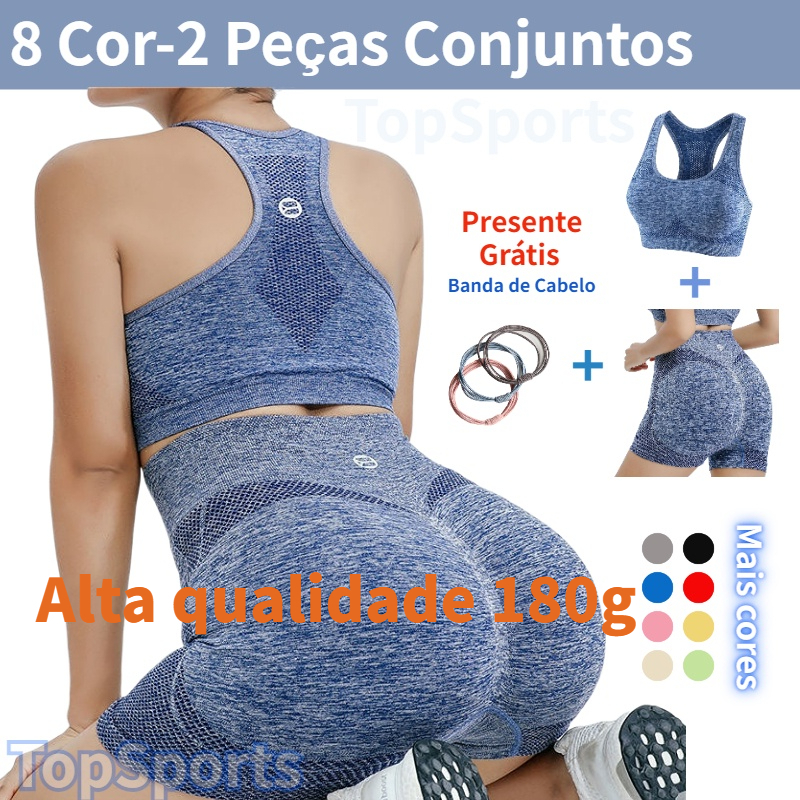 TopSports  2 Peças Conjuntos Academia Fitness Feminino  Leggings Top Bra Shorts Levanta Bumbum Short de Academia