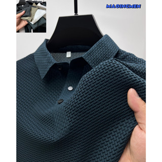 [MAOINGMEN] Camiseta Pólo De Seda Masculino/Camiseta paul mccartney/Saia de seda manga curta High-End Mesh Lapela Pólo de cor sólida