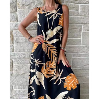 Vestidos De Verão Casuais De Praia Sem Mangas De O-neck Longo Para Moda Feminina Boho Floral Impressão Loose Maxi 2024