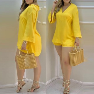 Conjunto De Terno De Verão Feminino De Duas Peças De Manga Lisa Com Decote Em V