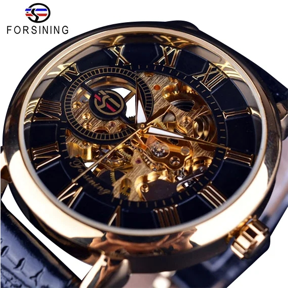 Forsining Relógios De Luxo Mecânico De Marca Topo Esqueleto Preto Ouro 3d Design Literal Numeral Romano