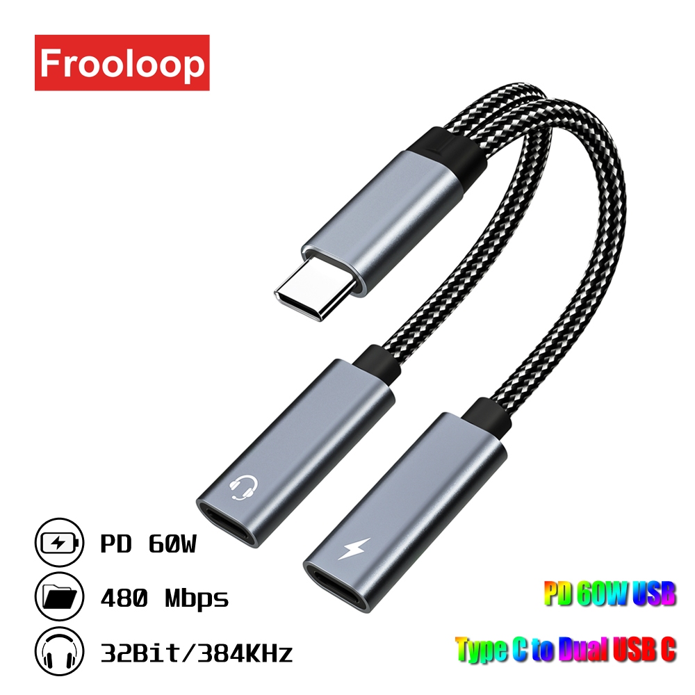 PD 60W USB Tipo C Para Fone De Ouvido Duplo Adaptador De Conector Macho 2 Hub Fêmea Divisor De Áudio Auxiliar De Carregamento Rápido