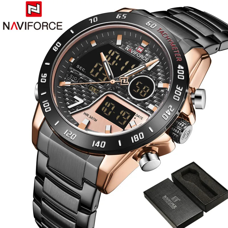 NAVIFORCE Novo Esporte Homens Relógios Moda Led Digital Militar Relógio De Pulso De Quartzo Aço Dual Display Masculino