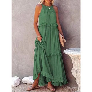 Vestidos De Verão Loose Long Dress Women Casual Elegante Ruffle Halter Sleeveless Party Clothes Beach Maxi Festa Green Tie-up