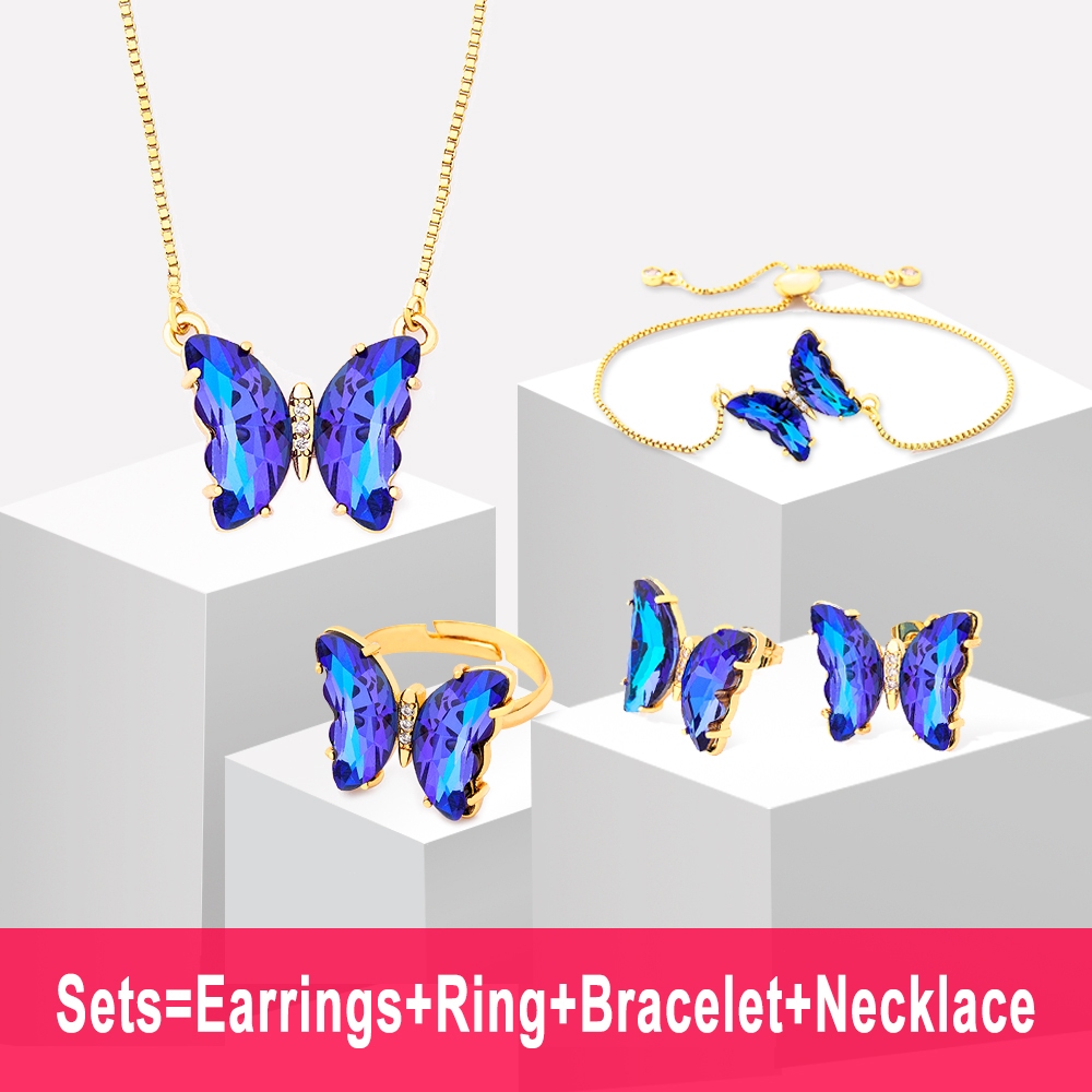 Lucky Butterfly Jewelry Sets For Women Jóias De Casamento 12 Cores Brincos Zircon Pulseiras Anéis Pingente Colar Presente