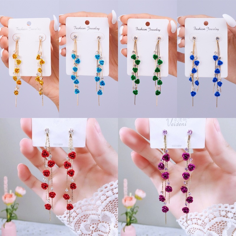 Brincos Fashion Luxury Rose Long Tassel Rhinestone Red Flower s925 Para Mulheres Jóias De Casamento Dia Dos Namorados Presentes De Ano Novo