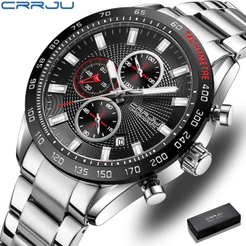 CRRJU Relógio Masculino Novo Cronógrafo Multifuncional Desenho Luminoso De Mão De Aço Inoxidável Casual Quartzo À Prova D'água 2306 S