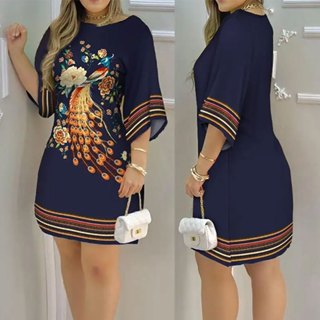 2024 Moda De Verão Elegante Impressão Boêmia Vestido Boêmio Casual Mulher Manga Redonda Com Pescoço Solto Mini De Reta