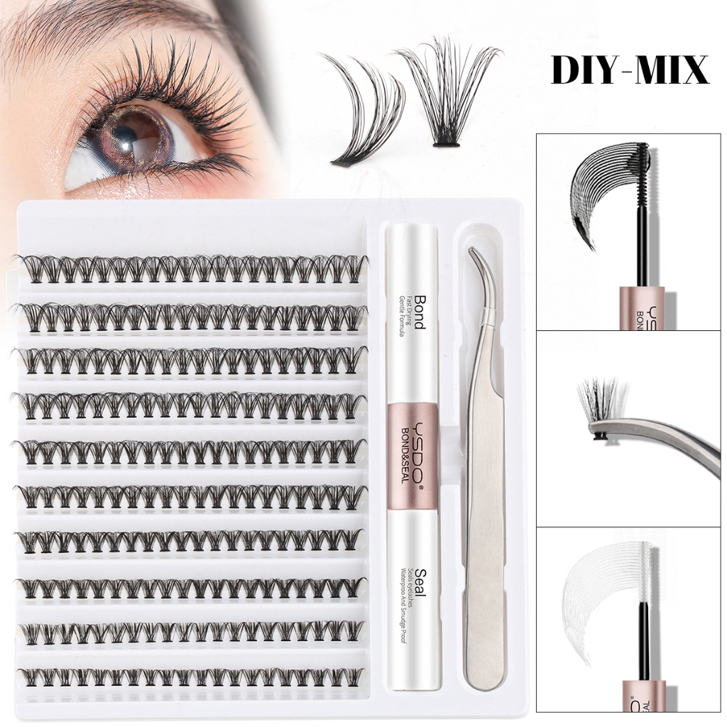 Conjunto De Cílios YSDO 200Pcs Cluster Eyelashes Com Dupla Ligação E Pinça De Vedação 20D Wispy DIY Falsos Mistos De 8-16mm Kit De Extensão