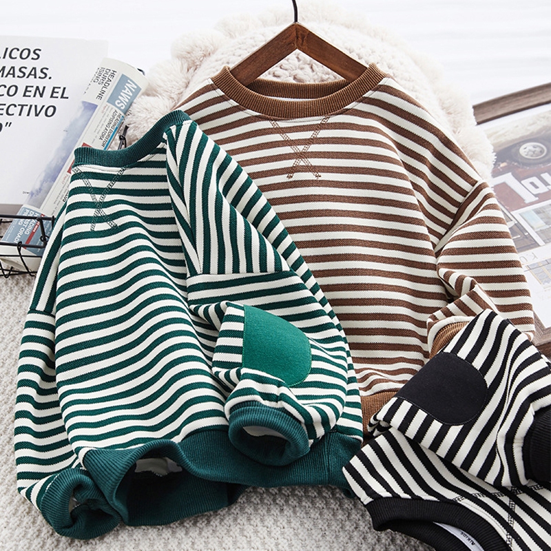 Garotos Outono Inverno Moda Listrado Pelúcia Espessado Topo Quente Cartoon Infantil Pullover Sweater 4-10 Years