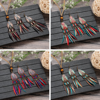 Boho Vintage Colar De Penas Coloridas Feito À Mão Conjunto De Brincos De Arroz Com Contas Tassel Jóias Indianas