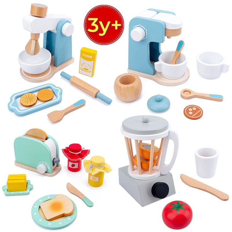 Kids Wooden Pretend Play Sets Simulação De Jogos Torradeiras Máquina De Café Para Panificação Kit Misturador De Madeira Jogo De Cozinha De Papel