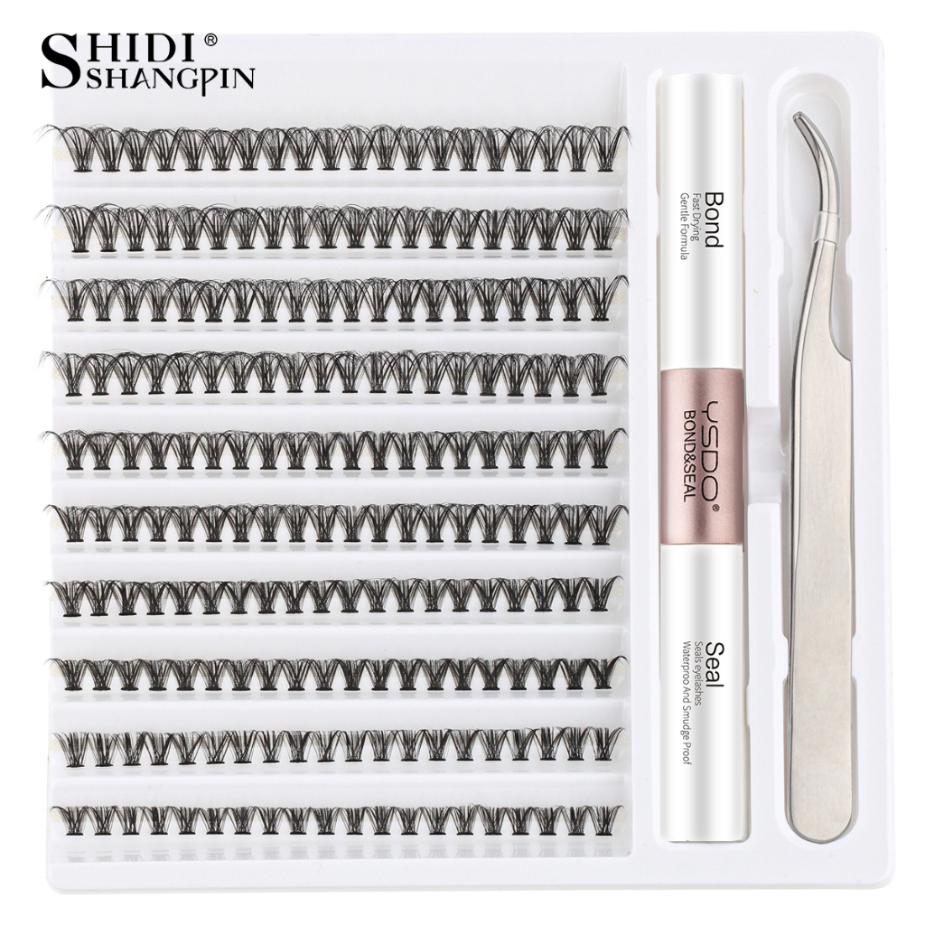 SHIDISHANGPIN 200Pcs Conjunto De Cílios Cluster Eyelashes Set Com Dupla Ligação E Pinça De Vedação Wispy DIY Falsos Mistos De 8-16mm Kit De Extensão