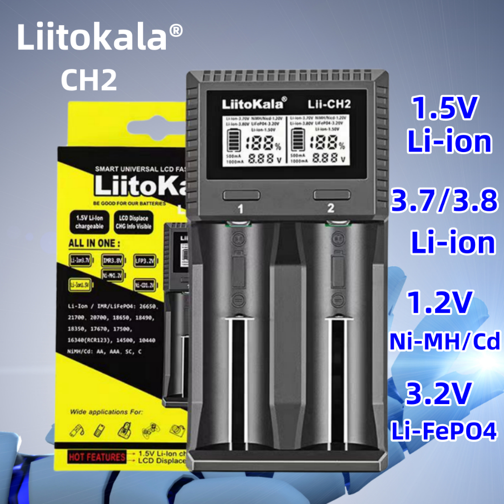 Liitokala lii-CH2 1.5V AA 1.2V AAA Bateria recarregável de íons de lítio 18650 18350 18500 16340 21700 26650 Carregador inteligente