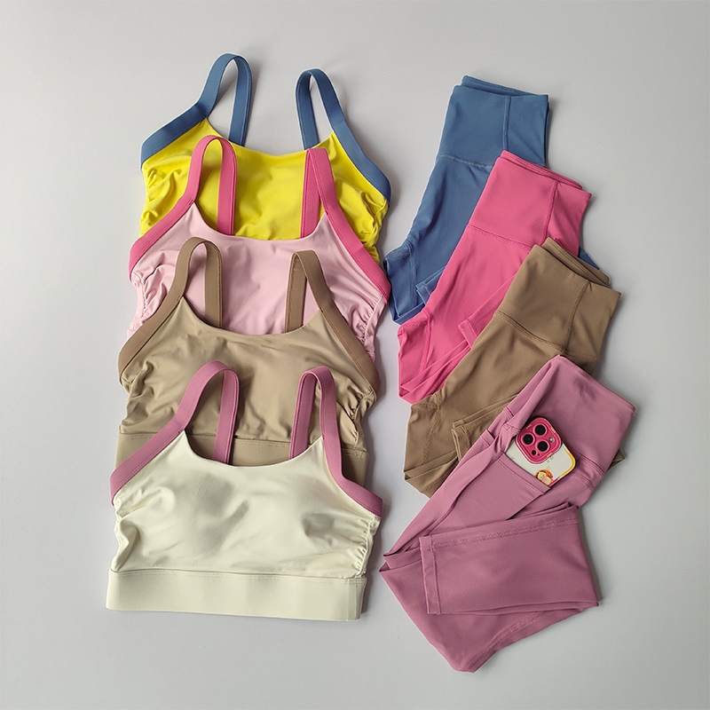 Conjunto De Yoga Feminino Macaron Cor Fitness Esportivo Sem Costura Vestir Soutien De Cintura Alta Leggings Bra Tops Calças Longas em Oferta na Shopee