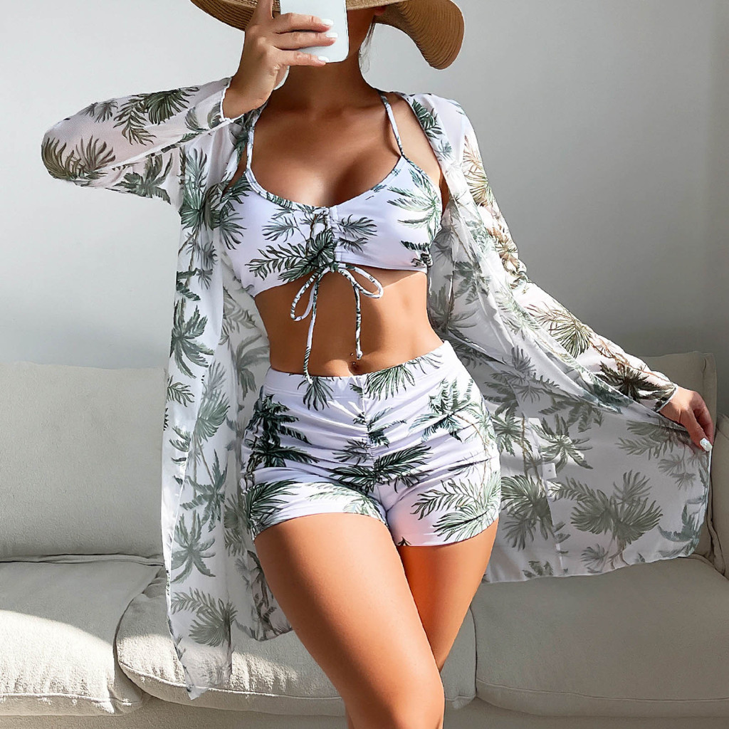 Hot Spring Conjunto De Três Peças De Biquíni Feminino De Malha Com Impressão Em Contraste Maio Praia Feminina