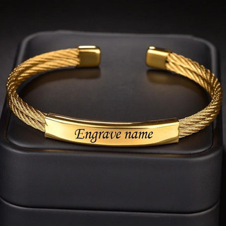 Nome Gravado Em Aço Inoxidável Personalizado Punho Bangle Gold Cor Letra Data Pulseira Personalizada