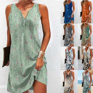 Vestidos De Verão Moda Para Senhoras Impressão V Pescoço Sem Manga Casual Solto Longos Mulheres 2023