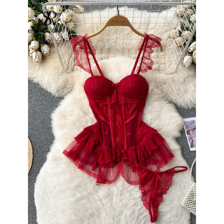 Roupas Íntimas De Renda Sexy Femininas Ruffles Sheer Camis Mesh Sensual Porno Erótico Aberto Crotch Slim Pijamas