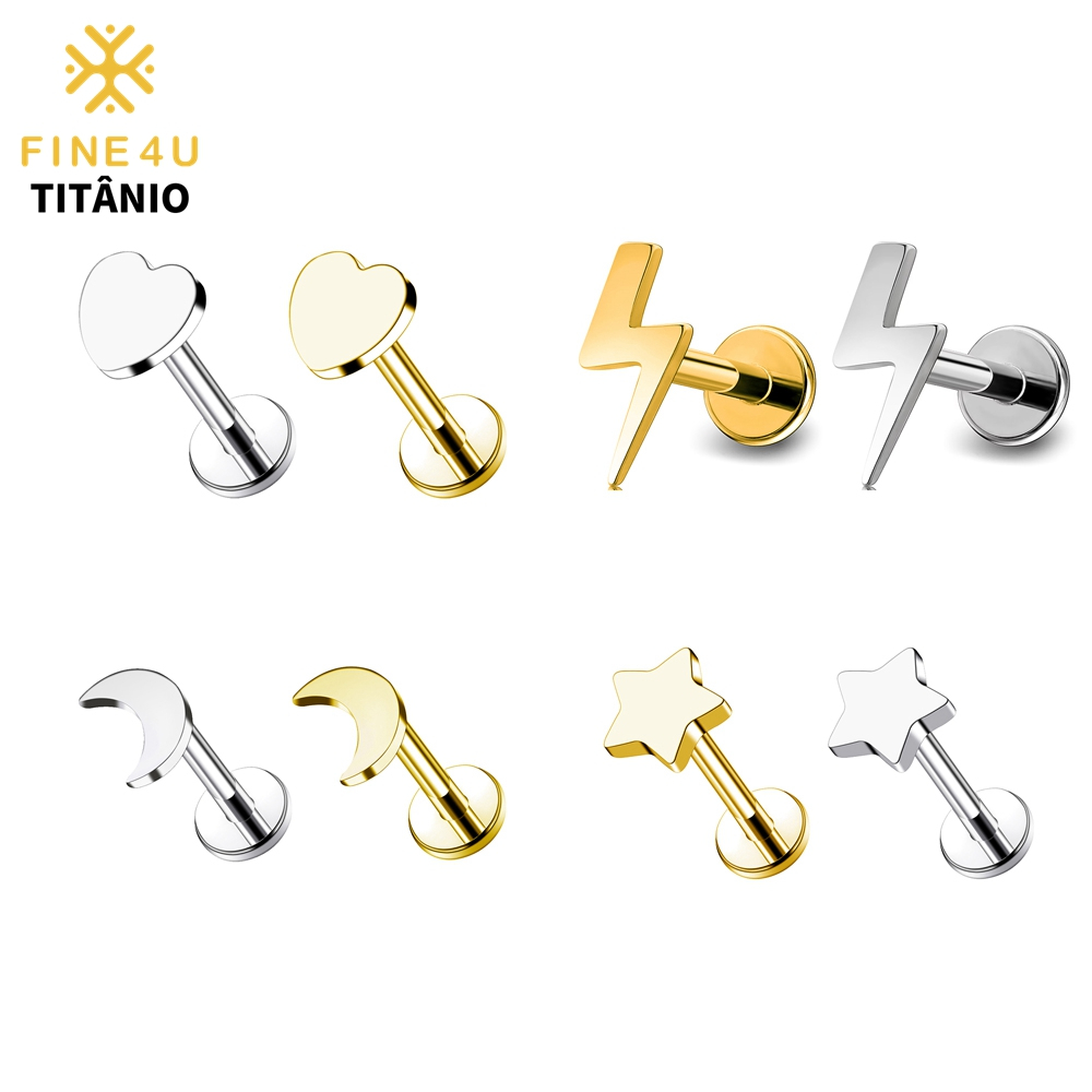 FINE4U Piercing Titânio Raio/Estrela/Coração/Lua/Cruz Para Tragus Helix Conch Cartilagem Labret em Oferta na Shopee