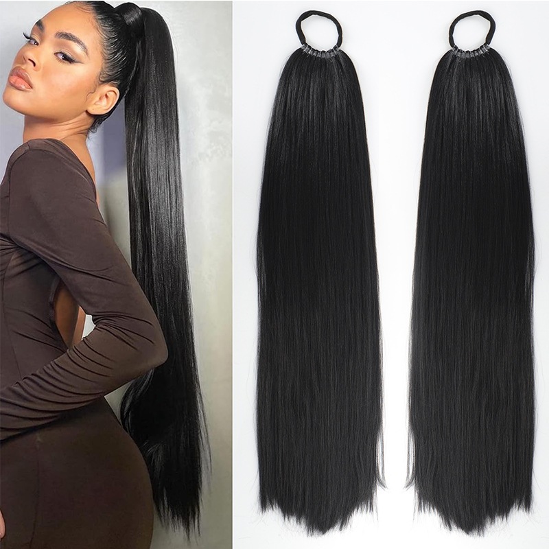 24 Polegadas Longo Liso Sintético Rabo De Cavalo Extensões De Cabelo Com Faixa Elástica Resistente Ao Calor Peça Para Mulheres