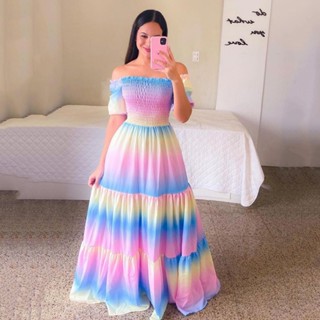 Floral Um Ombro Vestido De Fada Impresso Longo