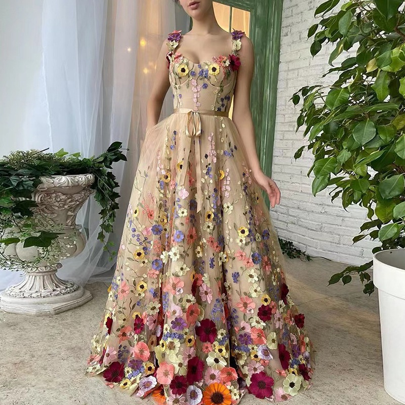 Vestido Cerimonial De Flor Sexy Tridimensional Bordado Com