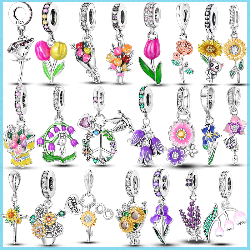 Brilhante Flor De Encanto Colorido Pérolas De Charme 925 Sterling Silver Bellflower Tulip Rose Dangle Fit Pulseira De Marca Original Jóias De Bricolagem