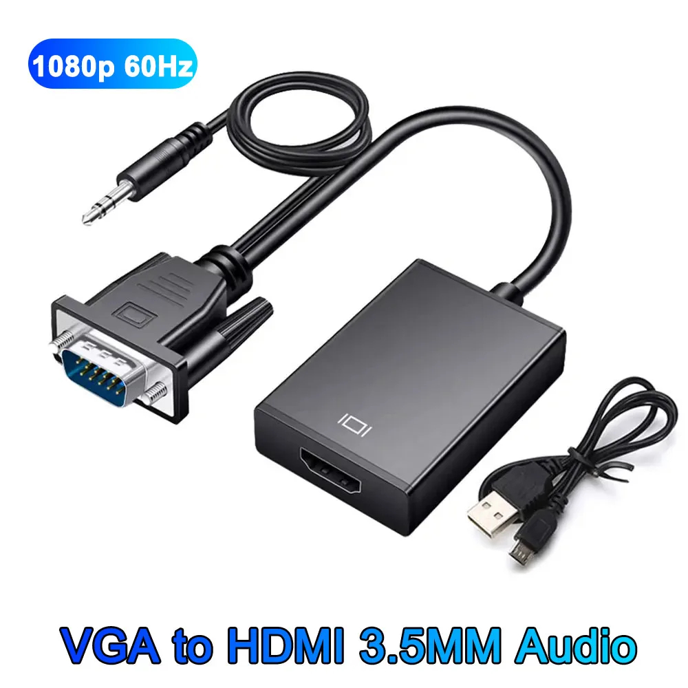 Cabo Conversor VGA para HDMI em HD 1080P com Adaptador de Áudio 3,5 mm para PC, Notebook, Televisão Projetor