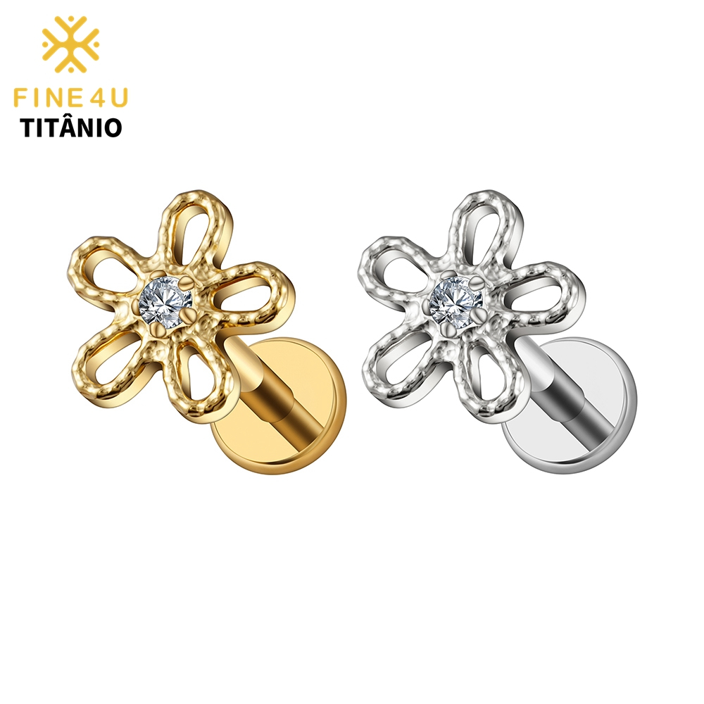 FINE4U Piercing Orelha Titânio Com Flor para Helix Tragus Conch Flat Hipoalergênica Brinco