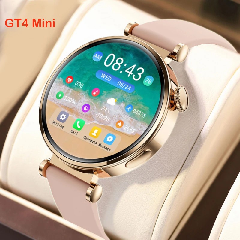 2024 Novo GT4 Mini Relógio Inteligente Feminino Rastreador GPS Tela AMOLED Bluetooth Chamada Moda Smartwatch Carregador 