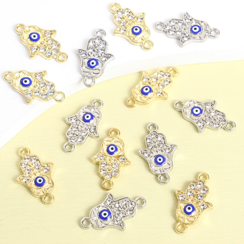 15pcs Estilo Turco Rhinestones lnlaid Hamsa Hand & Blue Evil Eye Enamel Connectors Fatima Símbolo Homens Amuleto