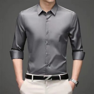 Vestido Social Para Primavera E Verão , Camisa De Manga Comprida De Seda Gelada Negócios , formal , slim fit anti-Rugas , Tecido Liso