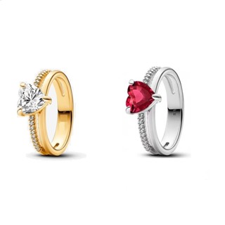 Original 925s Anel Duplo Coração De Diamante Vermelho Prata Cintilante