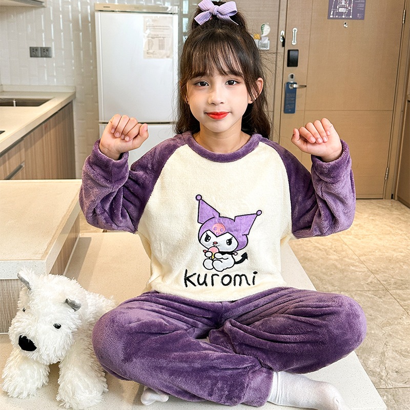 Kuromi Winter Children Pajamas Kid Conjunto De Roupa De Dormir Espessa Adolescentes Meninas Flanela Manga Longa + Calças