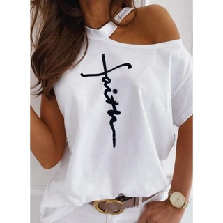 Camiseta Estampa Letra Feminina Estampada Casual Manga Curta Sem Alças Solta Macia Compara
