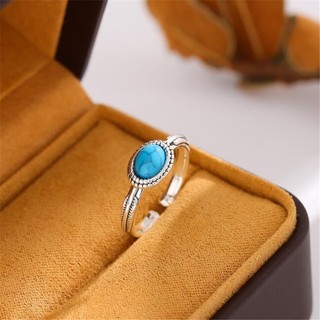 Novo Estilo 925 Anel de Prata Esterlina Anel de Prata Retro Moda Literária Totem Azul Turquesa Pena Oca Esculpida Pena Oca Aberta Exclusiva Anel Aberto Jóias de Prata Feminina Anel Ajustável Anel de Cauda Acessórios CR194