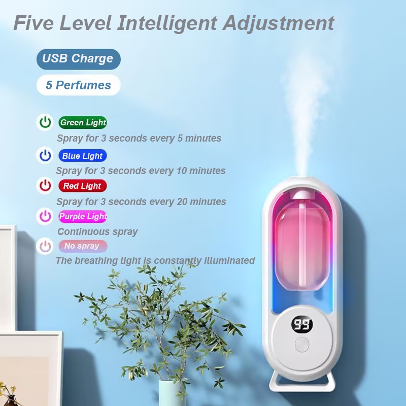 Máquina De Fragrância Doméstica Com Luz Atmosférica 5 Modos Display Digital Difusor Automático De Pulverização De Ar Humidificador De Parede Desktop Montado Na