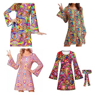Traje Feliz Dos Anos 70 Fantasia Feminina Retro Impressão Vestido De Manga Flared Com Fita De Cabeça Discoteca Mascarada De Halloween Cosplay Gift