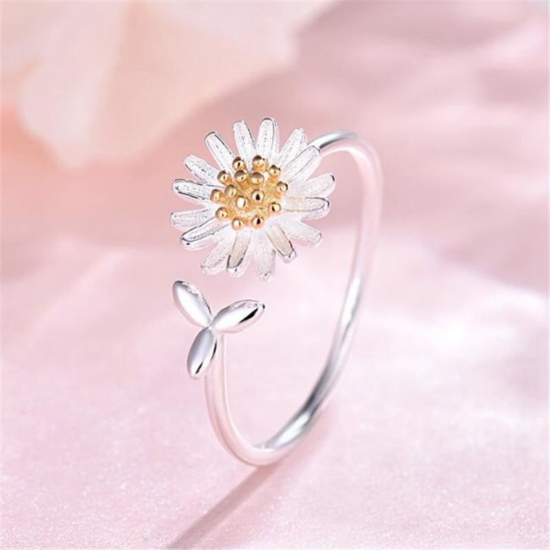 925 Sterling Silver Ring Fashion Daisy Flower Daisy Flower exclusivo Cute Small Leaf Open Ring Simples Anel Aberto Fêmea Mori Leaf Open Finger Ring Pulseira CR341 em Oferta na Shopee