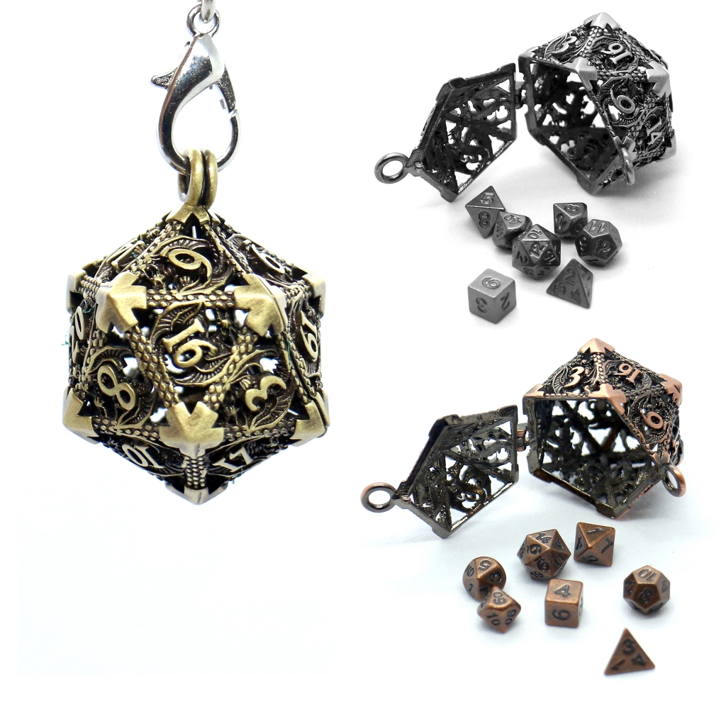 Conjunto de Dados de Metal para Jogo de Tabuleiro Portátil com Caixa Oca de Metal D20 + 7 Dados de Metal