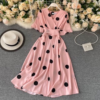 Vestido Midi Emagrecedor Feminino De Verão V Pescoço Curto Dot Chiffon Cintura Emagrecedora