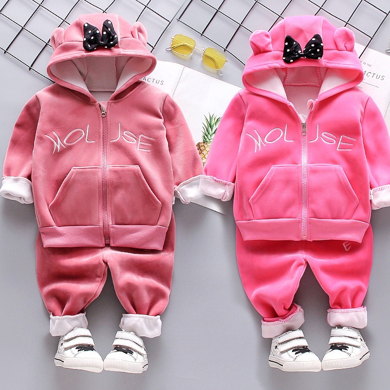 Kids Conjuntos De Dupla Face Veludo Baby Girls Cartoon Cute Tops+Pants 2Pcs Roupas Confortáveis De Outono Inverno Suaves