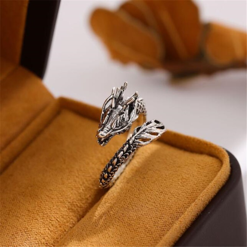 Novo Estilo 925 Sterling Silver Ring Retro Domineering Dragon Thai Silver Dragon Zodiac Criativo Anel Aberto Cabeça de Dragão Ab