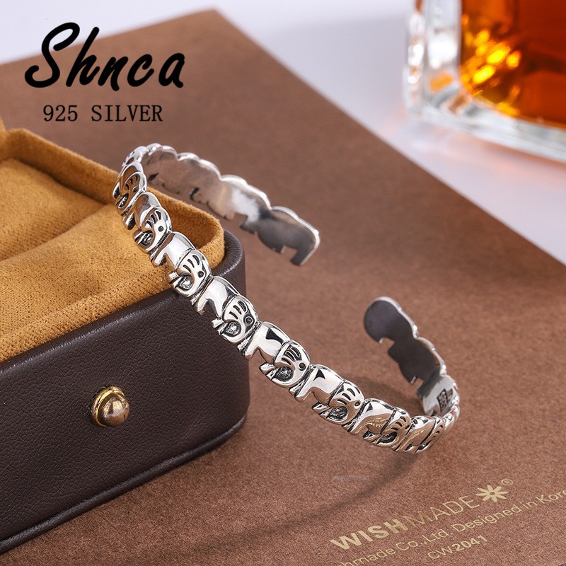 Retro 925 Prata Esterlina Animal Fofo Elefante de Prata Tailandês Pulseira Aberta Feminina LB036 em Oferta na Shopee