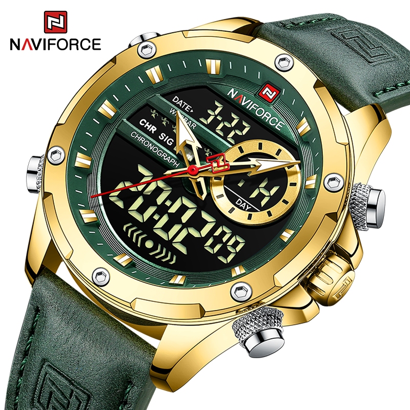 Naviforce 9208 Relógio De Luxo Marca Homens Lcd Relógios Esportivos Digitais À Prova D'água Quartzo Data Correia De Couro Masculino